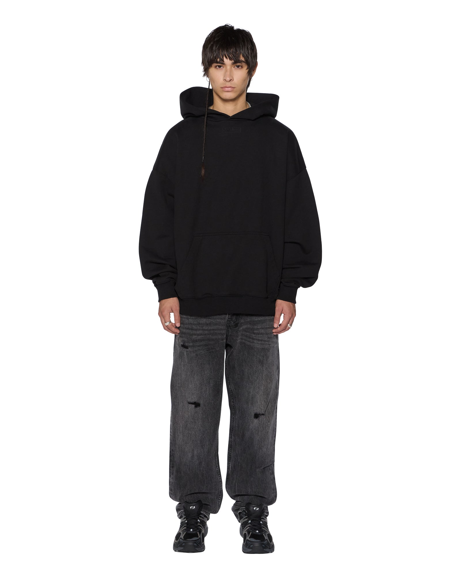 MENS INTRUDER EKCESS HOODIE JET BLACK OVERSIZED FLEECE