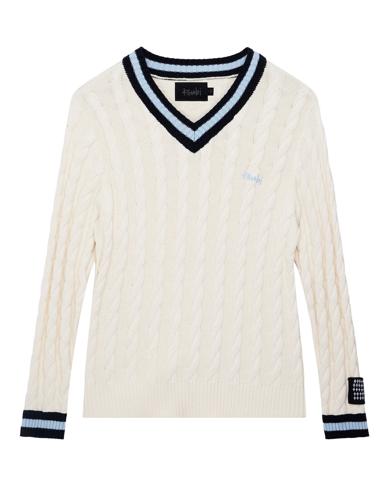 MENS  PRINCETON CABLE KNIT V NECK VINTAGE WHITE BOXY KNITWEAR