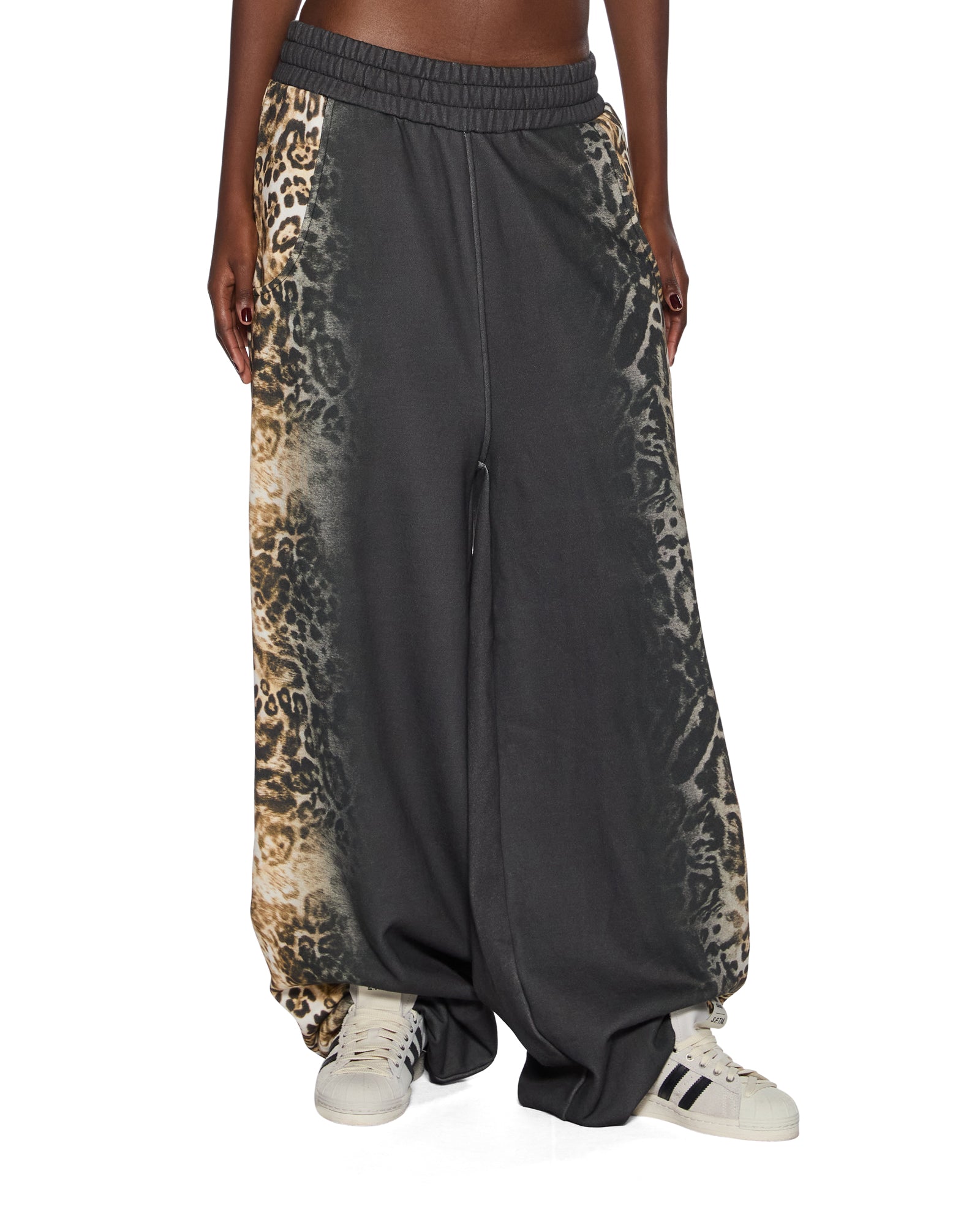 WOMENS MOWALOLA TRAKPANT BLACK CHEETAH WIDE PANTS