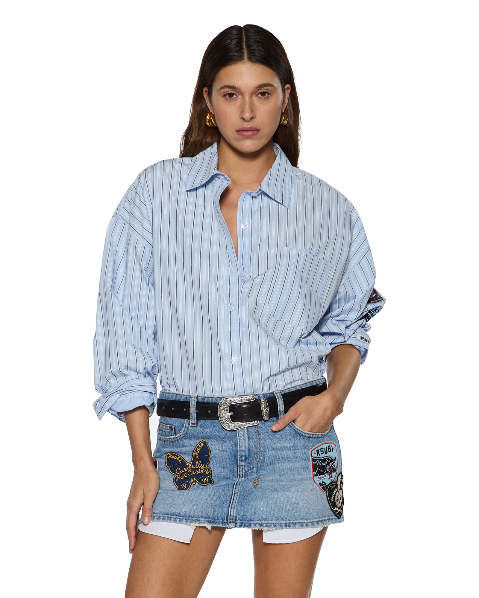WOMENS ASTRA LS SHIRT BLUE STRIPE BADGE OVERSIZED SHIRTS