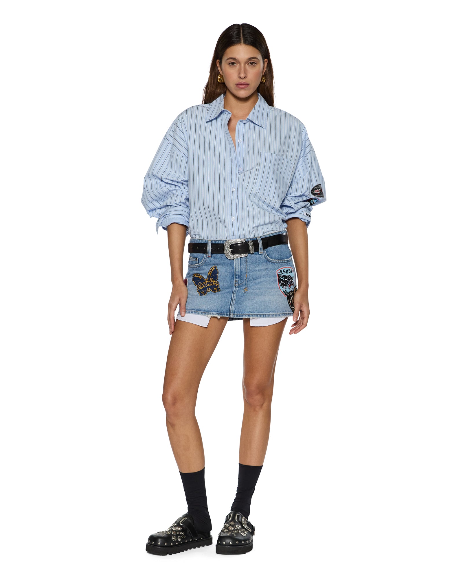 WOMENS ASTRA LS SHIRT BLUE STRIPE BADGE OVERSIZED SHIRTS