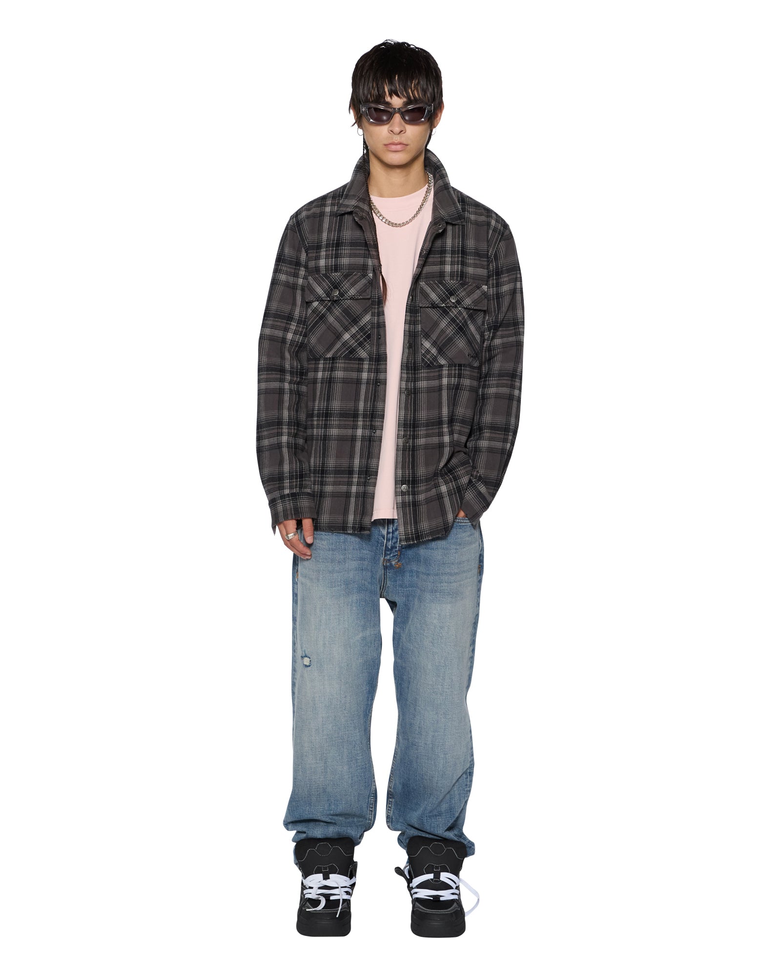 MENS  SNAKEBITE SHIRT CHECK CHARCOAL REGULAR SHIRTS